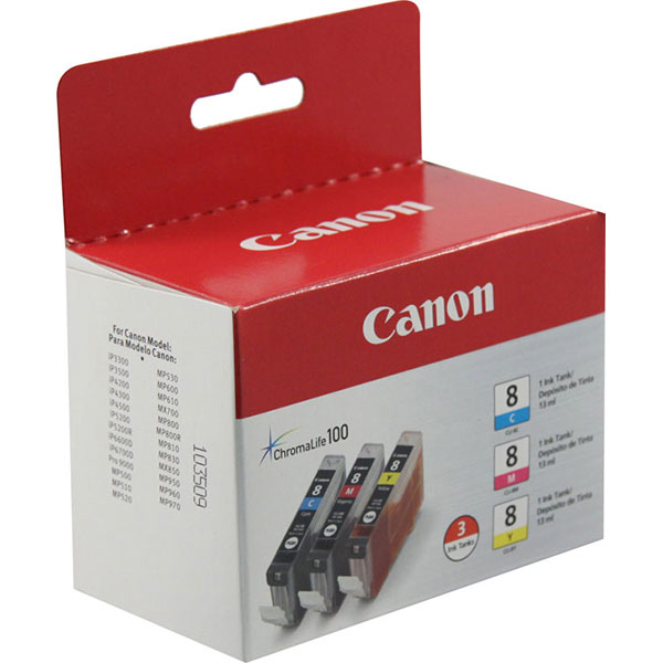 Canon 0621B016 (CLI-8) OEM Yellow, Magenta, Cyan Inkjet Cartridge (3 pk)