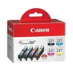 Canon 2946B004 (CLI-221) OEM Black, Cyan, Magenta, Yellow Inkjet Cartridges (4 pk)